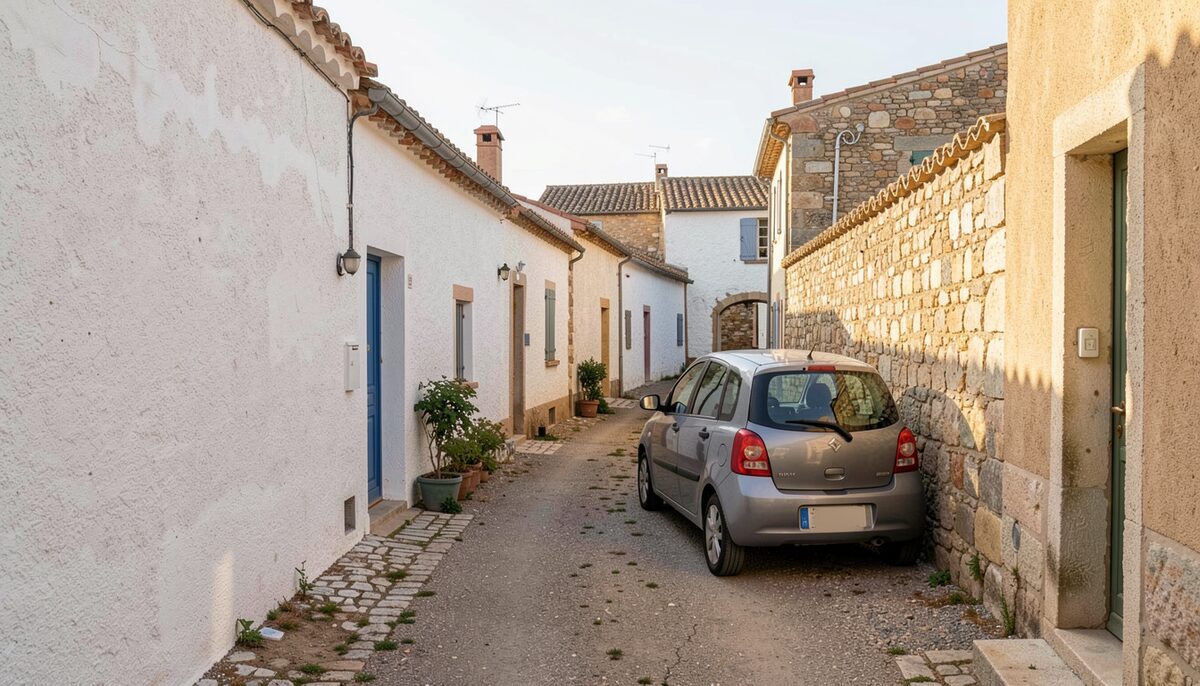 Callejón encalado de un pueblo del sur de Francia con un utilitario gris aparcado pegado a un muro de piedra