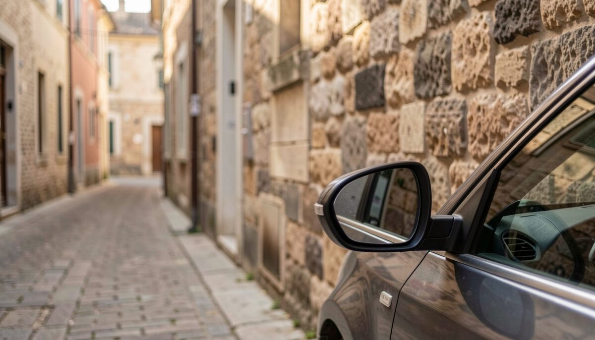 Retrovisor de un coche aparcado a muy poca distancia de un muro de piedra rugosa en una calle estrecha de casco antiguo