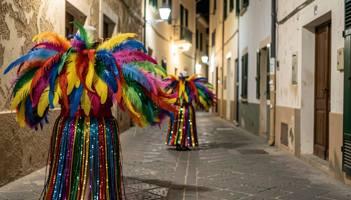Trajes de carnaval con plumas de colores y lentejuelas avanzando por una calle estrecha de noche