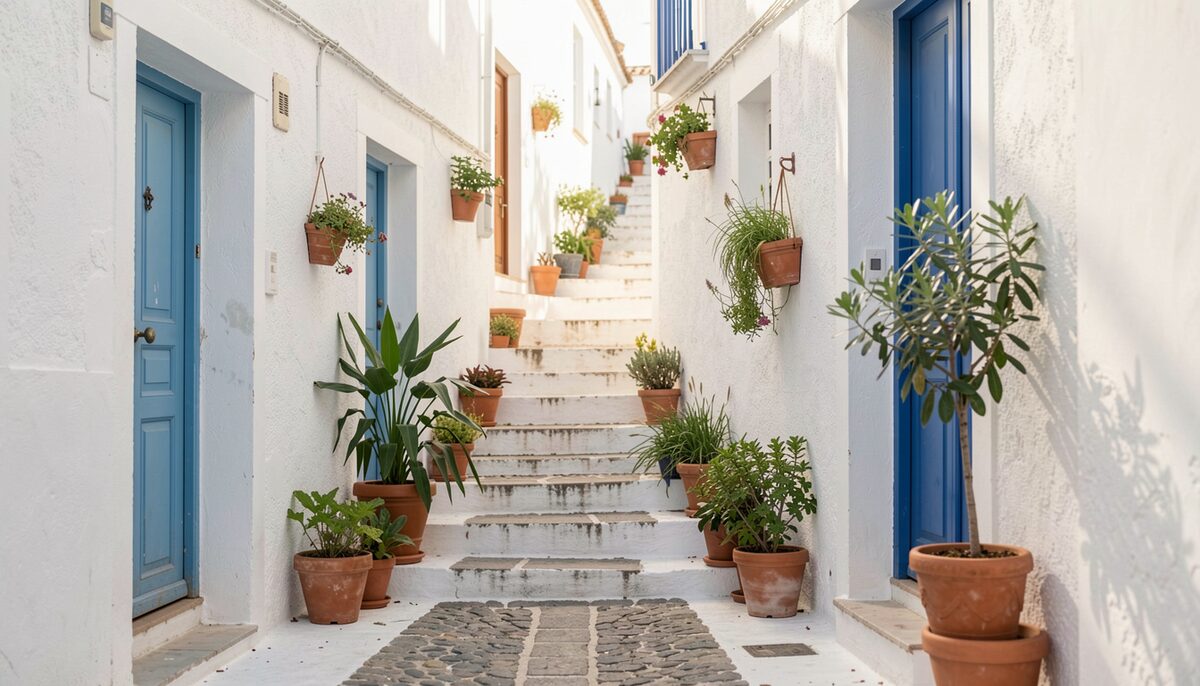 Callejón encalado con puertas azules, macetas de barro y escalones de piedra