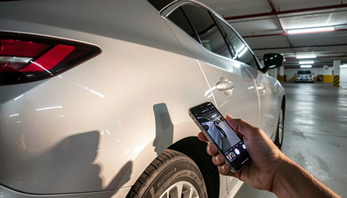 Una mano con un móvil fotografía el pase de rueda trasero de un coche plateado en un aparcamiento subterráneo, con luz rasante sobre la pintura