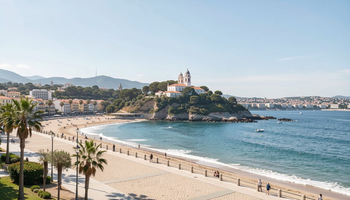 Bahía de la villa con la iglesia sobre la punta rocosa y la playa vista desde el paseo