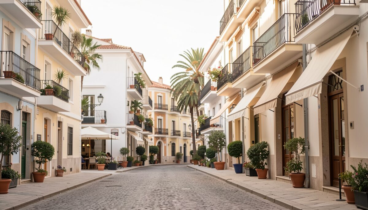 Calle del centro con casas blancas, balcones con plantas y macetas alineadas en la acera