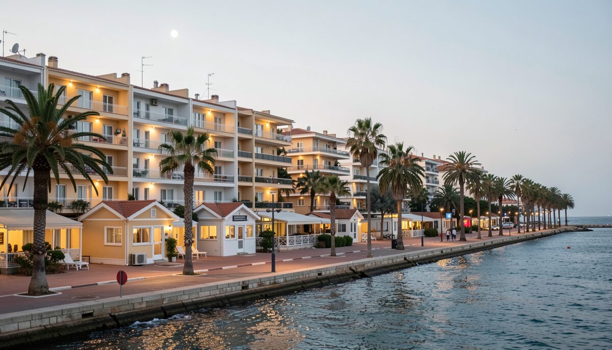 Frente marítimo iluminado al anochecer con palmeras y edificios junto al agua
