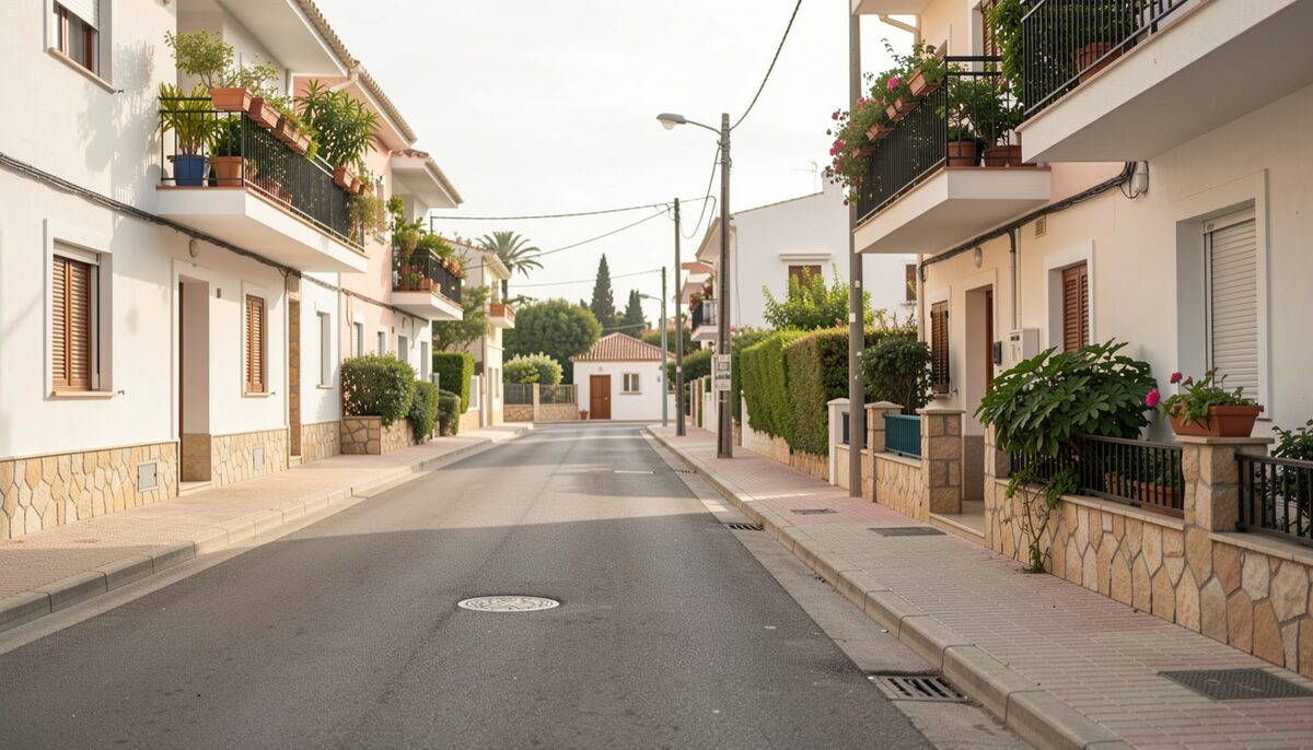 Calle residencial tranquila con casas mediterráneas bajas y balcones con plantas