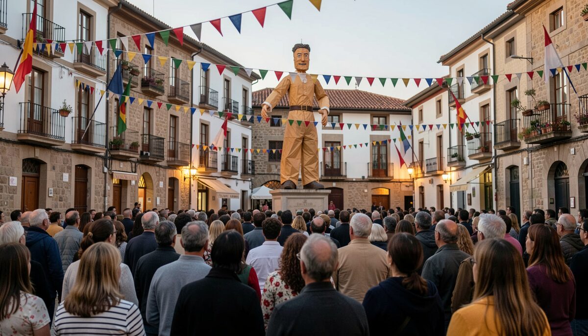 Banderines de fiesta y una figura de gigante en una plaza al anochecer, vista desde detrás del público