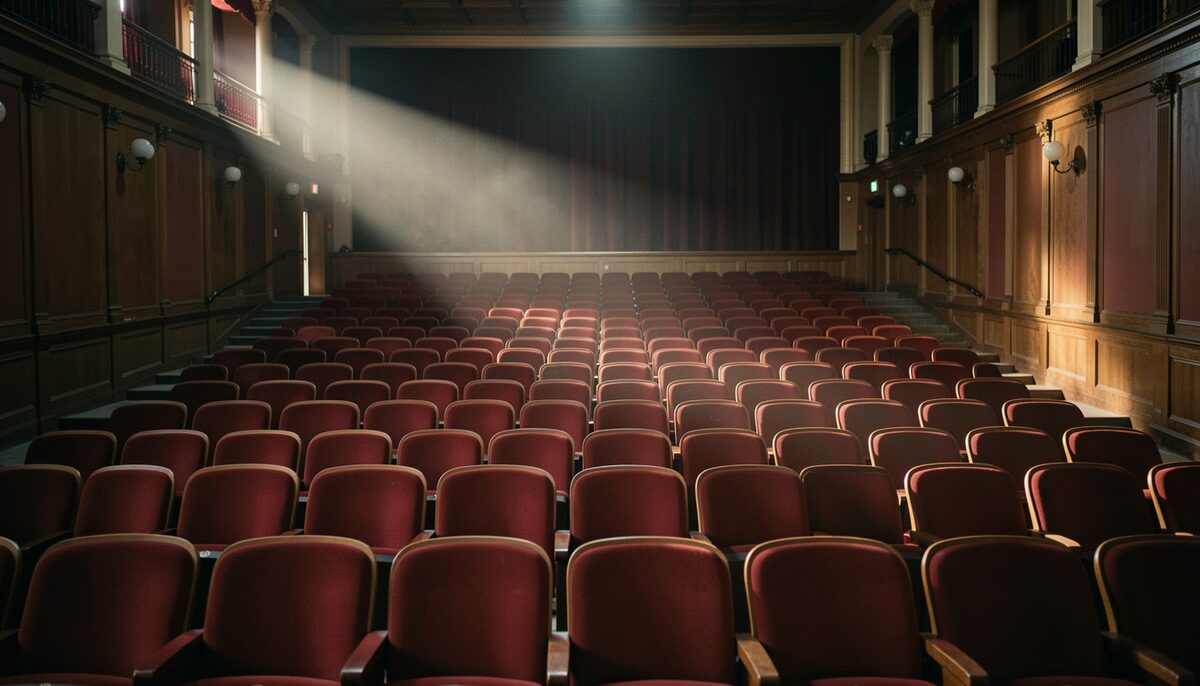 Sala de cine vacía con butacas rojas y el haz del proyector cruzando la penumbra