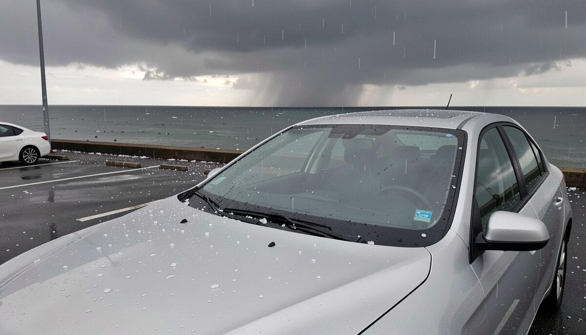 Techo y parabrisas de un coche plateado en un aparcamiento junto al mar tras una tormenta, con pequeñas piedras de granizo sobre la chapa mojada