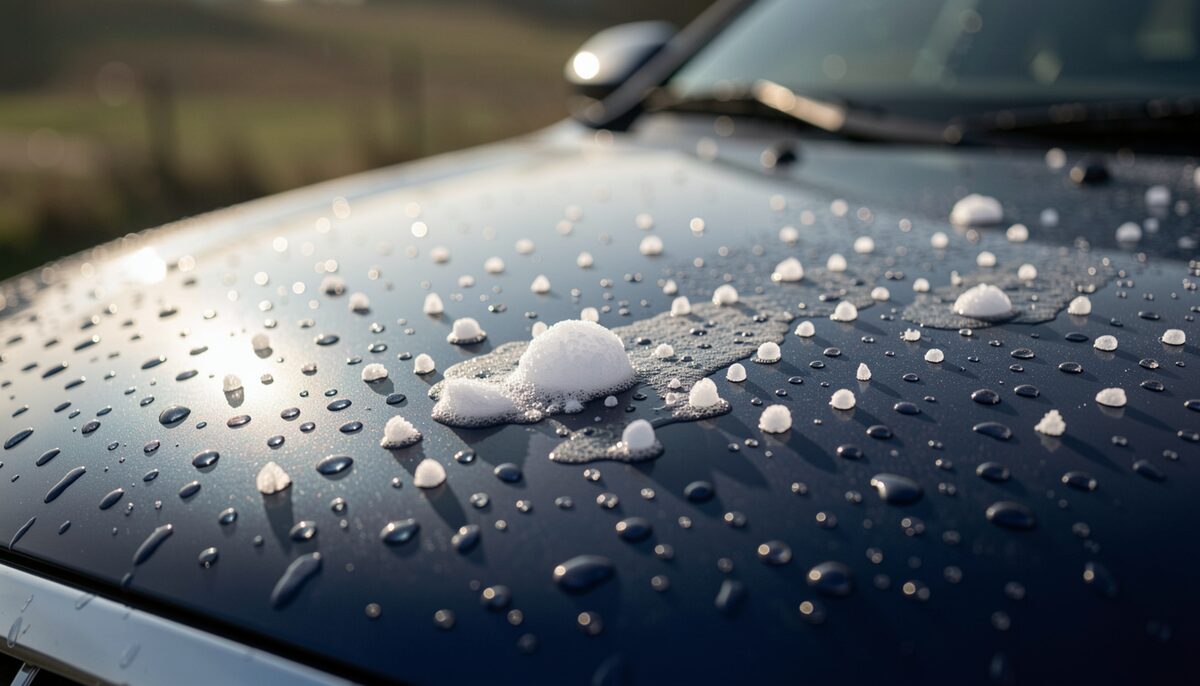 Primer plano de pequeñas piedras de granizo derritiéndose sobre el capó azul oscuro de un coche, con gotas de agua y luz rasante