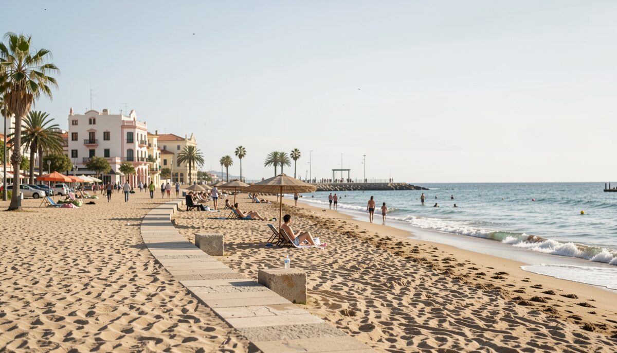 Playa ancha de arena con hamacas y sombrillas junto al borde del paseo, y el mar a la derecha