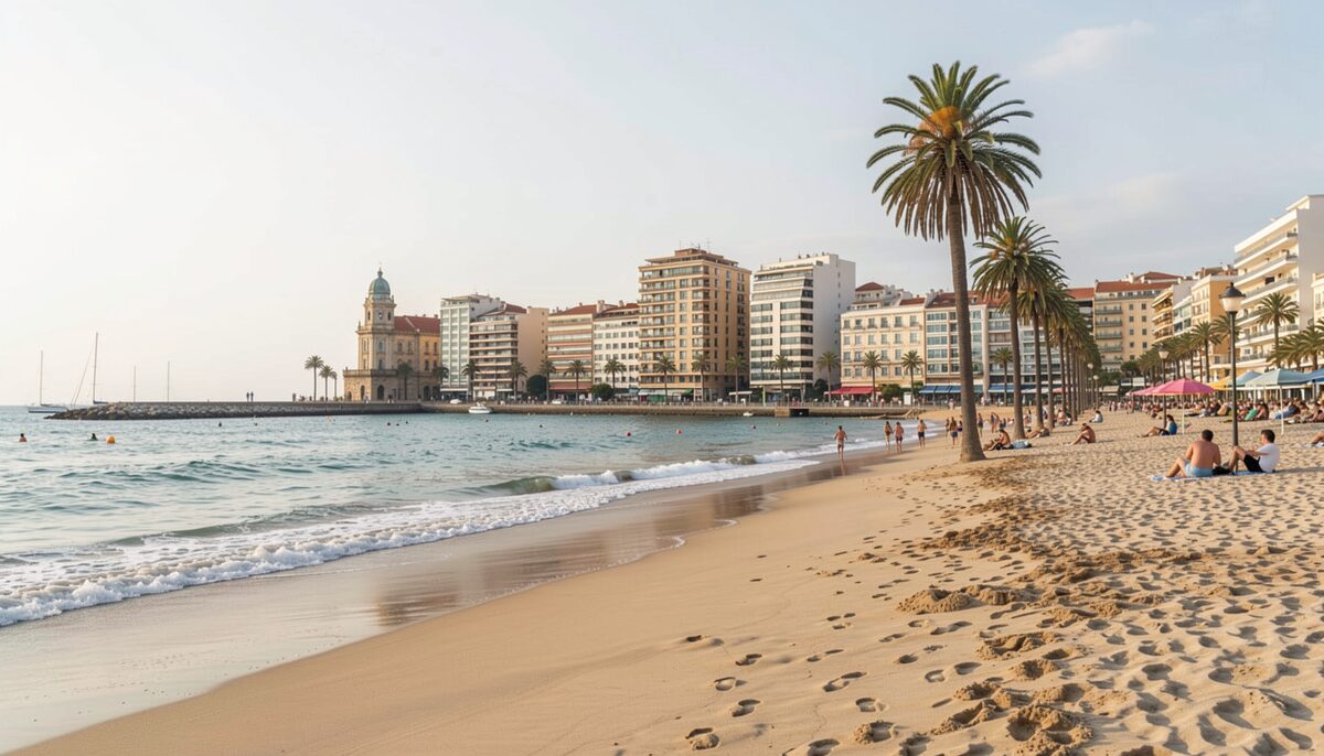 Frente marítimo de la villa visto desde la arena, con edificios blancos, una palmera alta y bañistas en la orilla