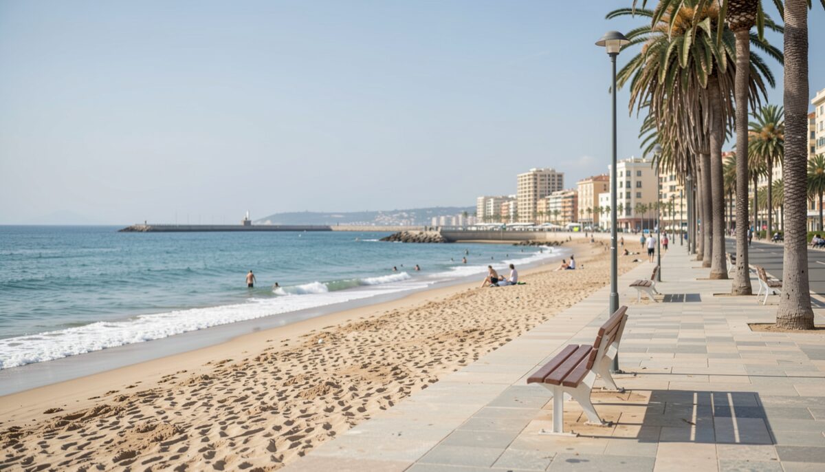 Paseo marítimo con palmeras alineadas y la playa abierta hacia el espigón