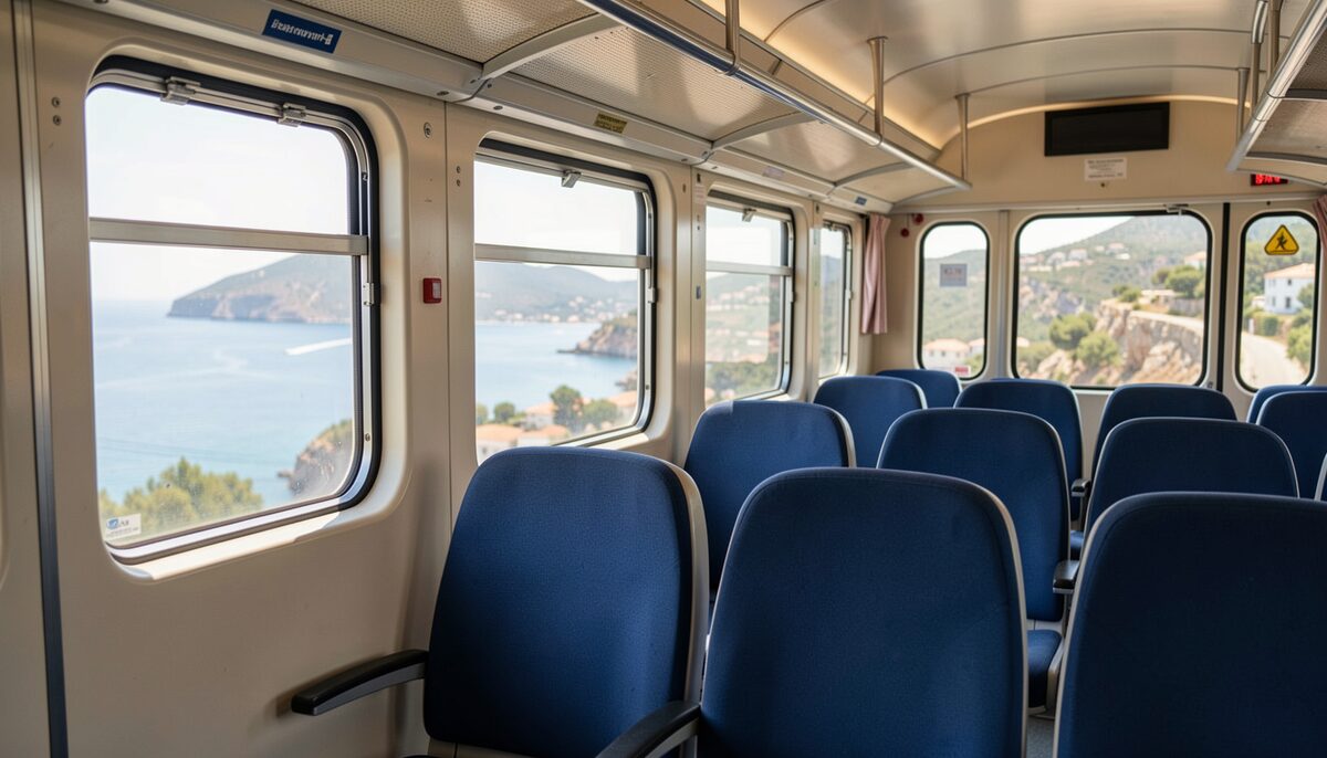 Interior de un tren de cercanías con ventanillas abiertas a la costa y asientos azules