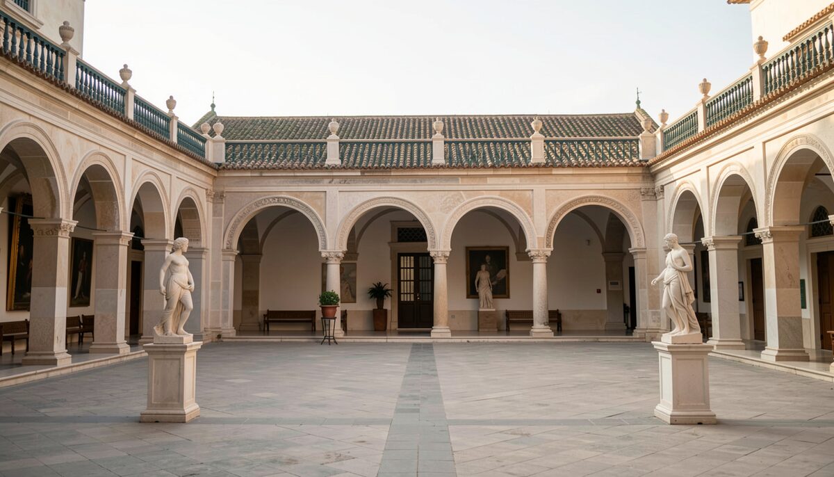 Patio con galería de arcos, columnas y esculturas en un edificio histórico junto al mar