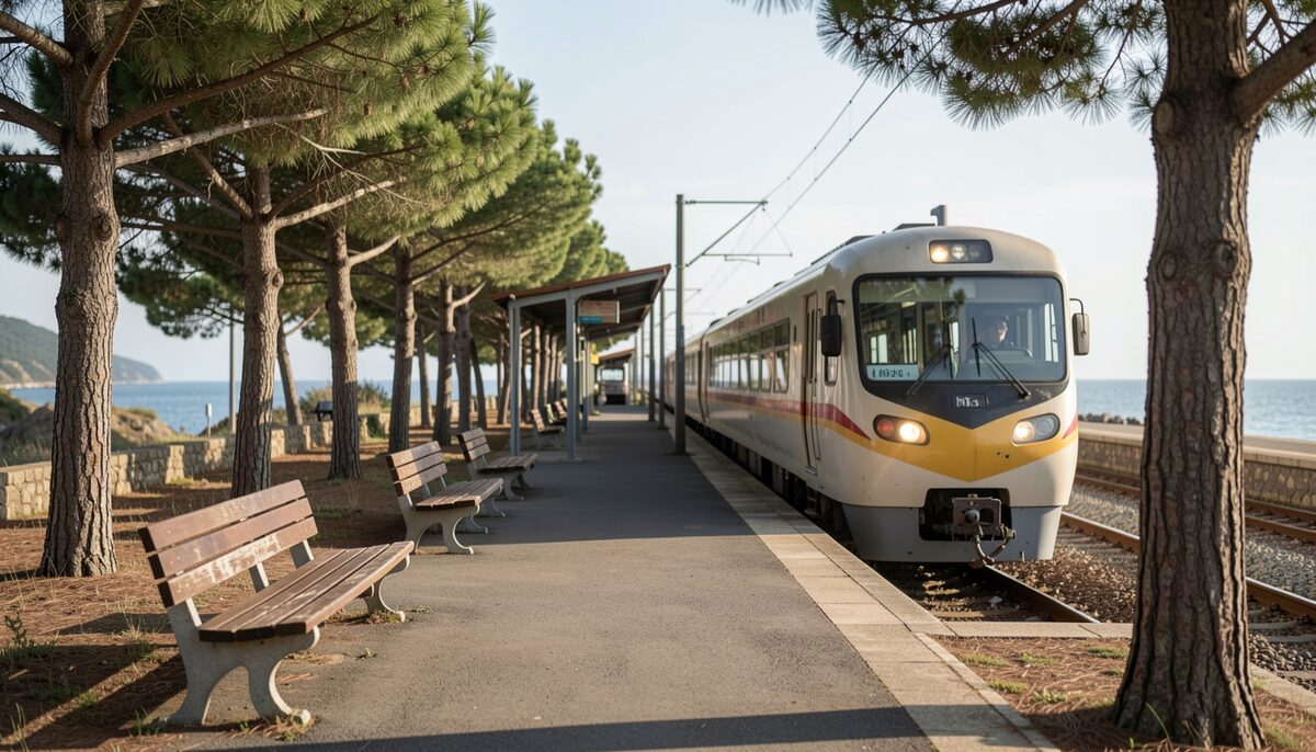 Tren de cercanías detenido en un andén bajo pinos, junto a bancos de madera