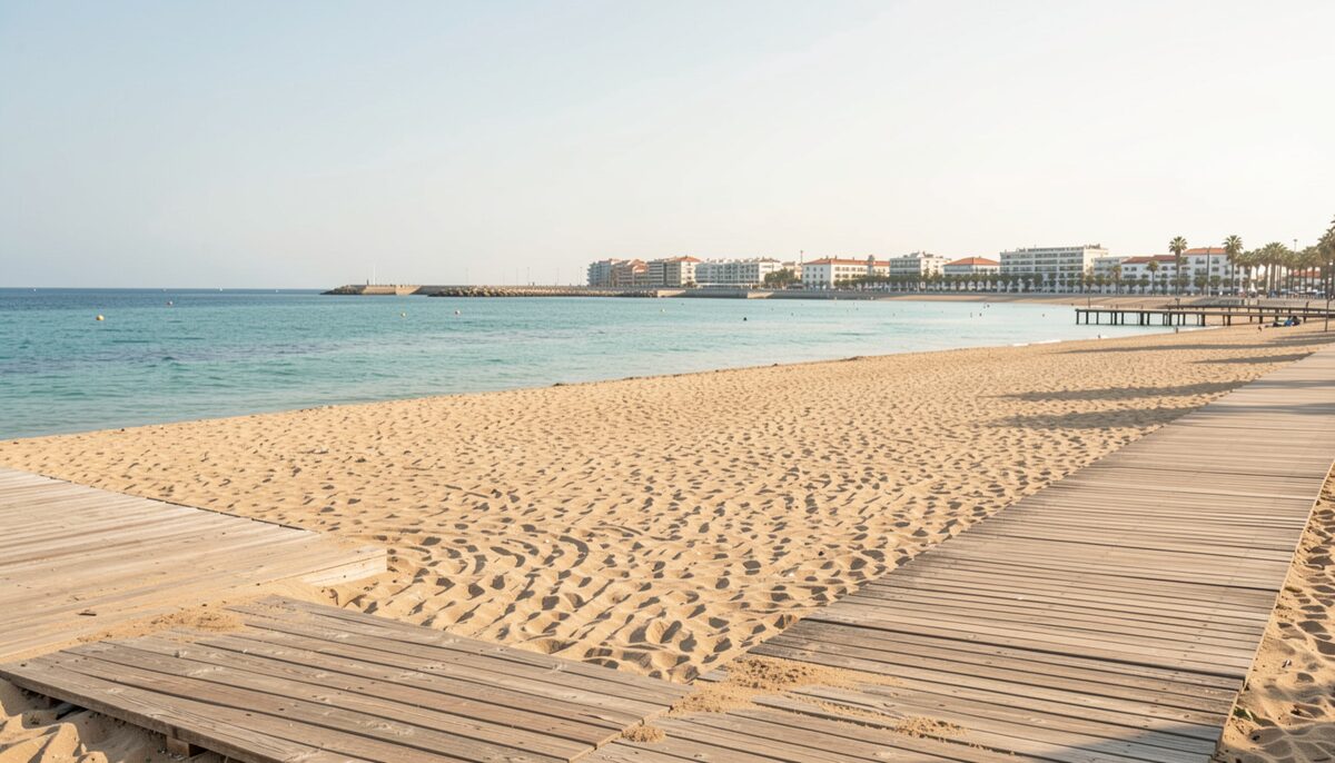 Pasarela de madera sobre la arena de la playa, con el espigón y el frente marítimo al fondo