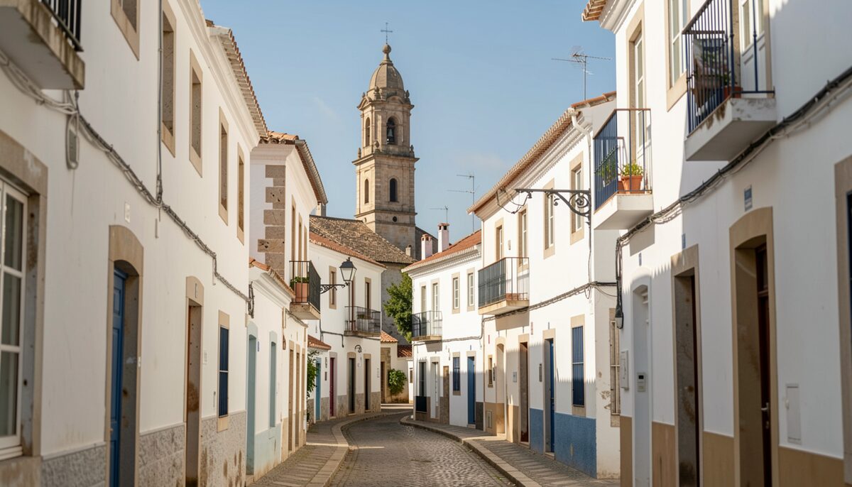Calle estrecha del casco antiguo con casas blancas y el campanario de la iglesia sobre los tejados