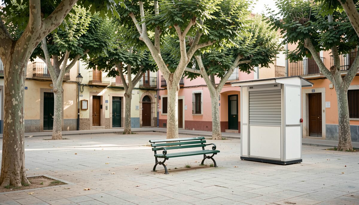 Plaza sombreada de un pueblo mediterráneo con plátanos, banco verde y suelo de piedra