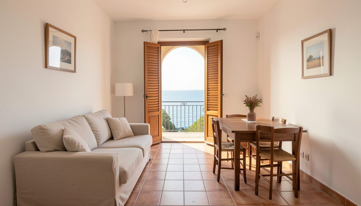 Salón de un apartamento mediterráneo con sofá claro, mesa de madera y balcón abierto al mar
